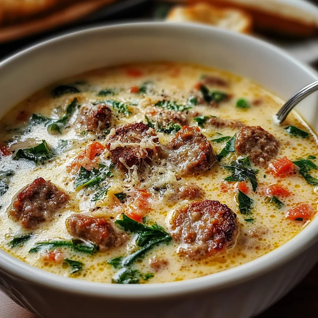 A bowl of creamy parmesan italian sausage soup.