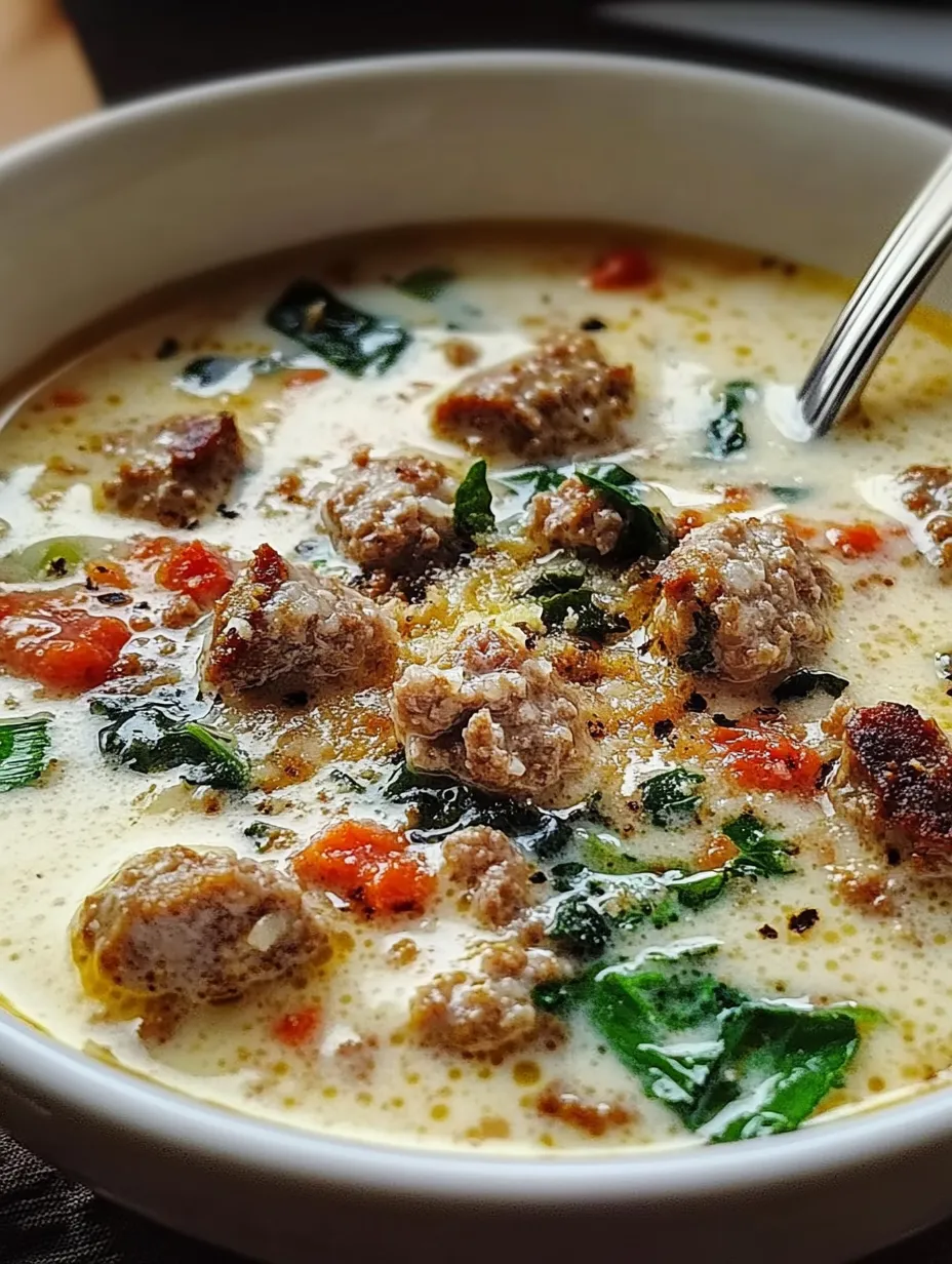 A bowl of creamy parmesan italian sausage soup.