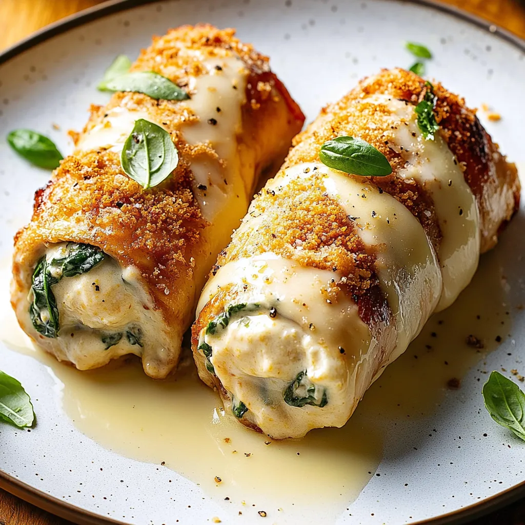 Two chicken rollatini with sauce on a plate.