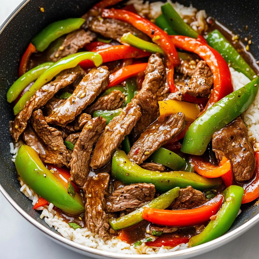 A bowl of pepper steak with rice.
