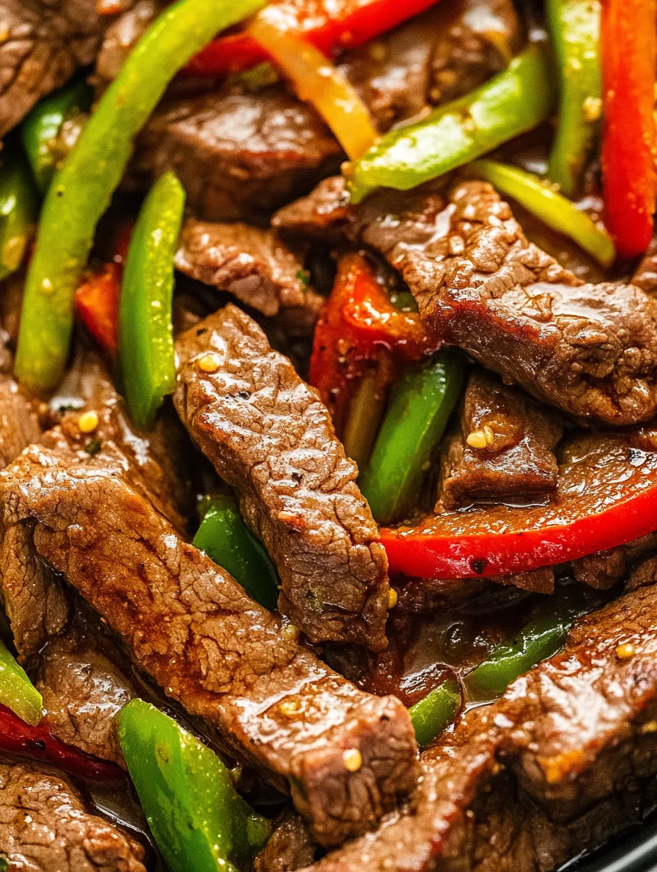 A close up of a delicious pepper steak recipe.