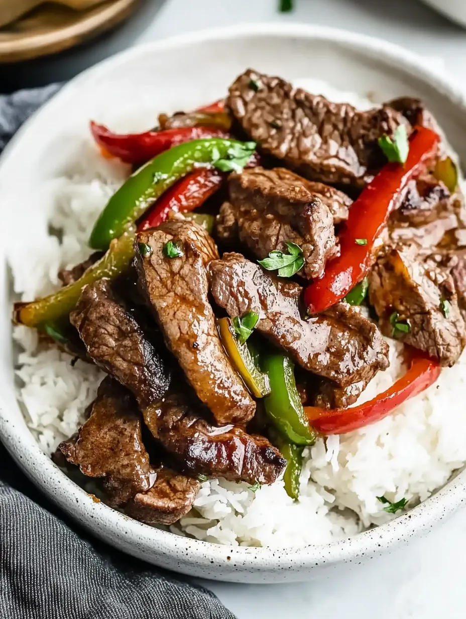 A bowl of beef and peppers.