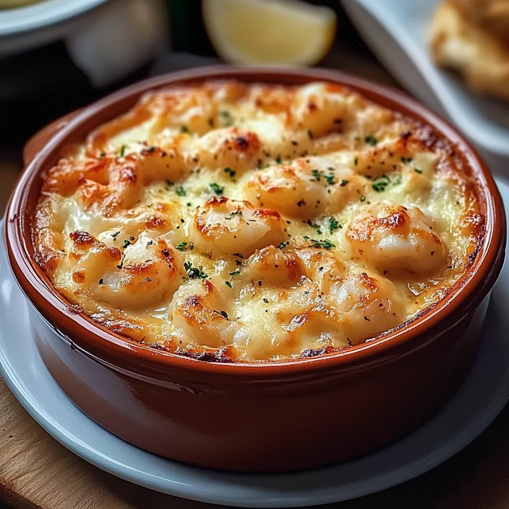 A bowl of seafood gratin.