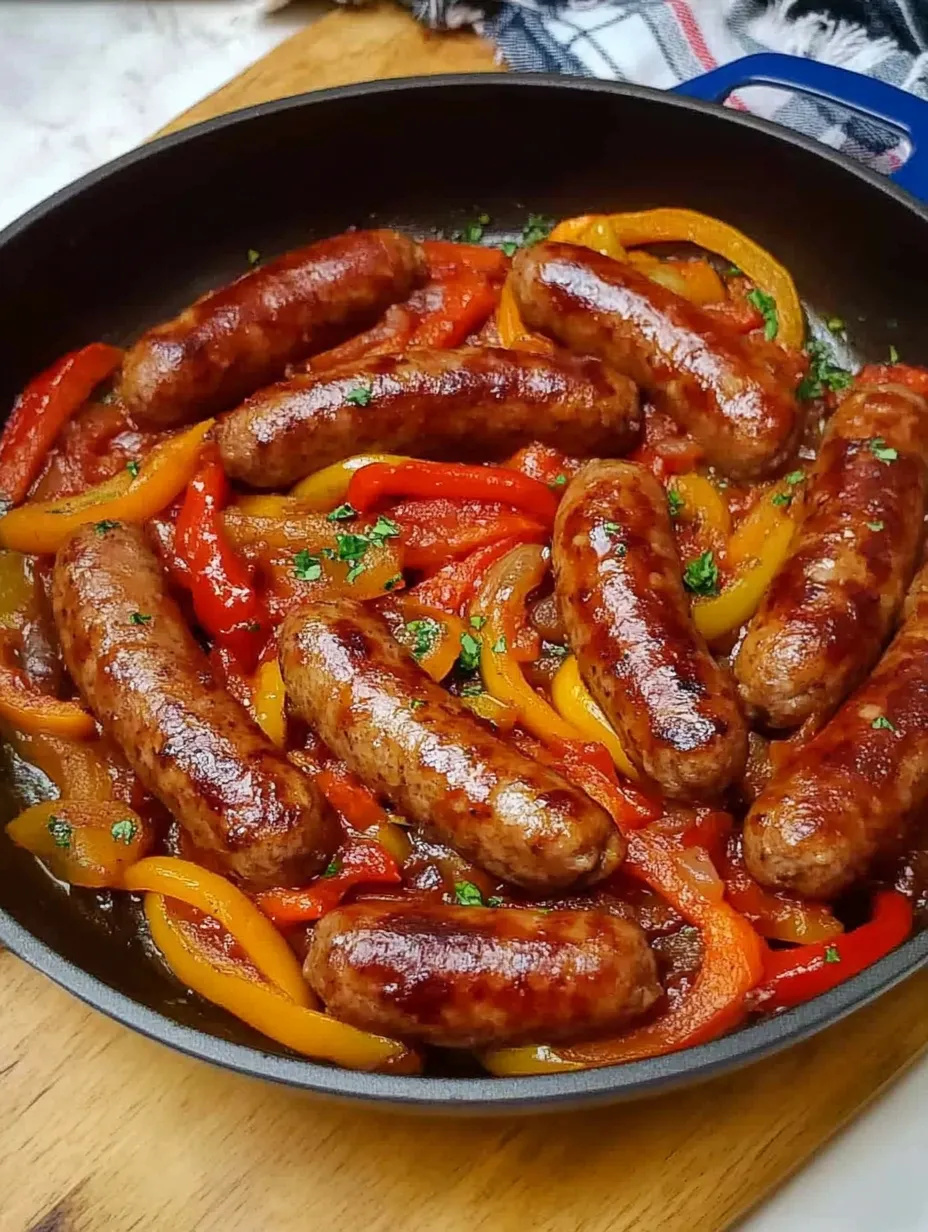 A pan of Italian sausage, peppers and onions.