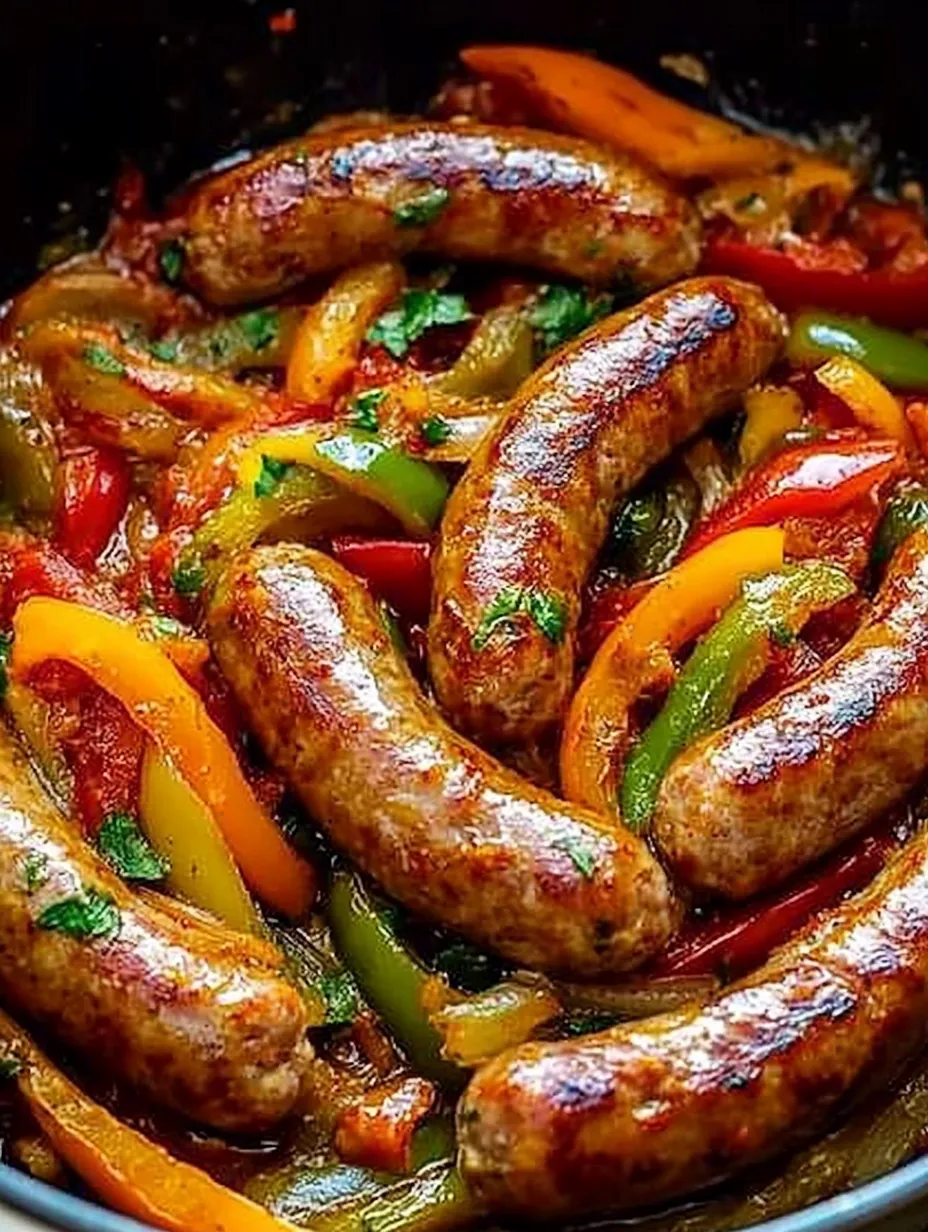 A close up of Italian sausage peppers and onions.