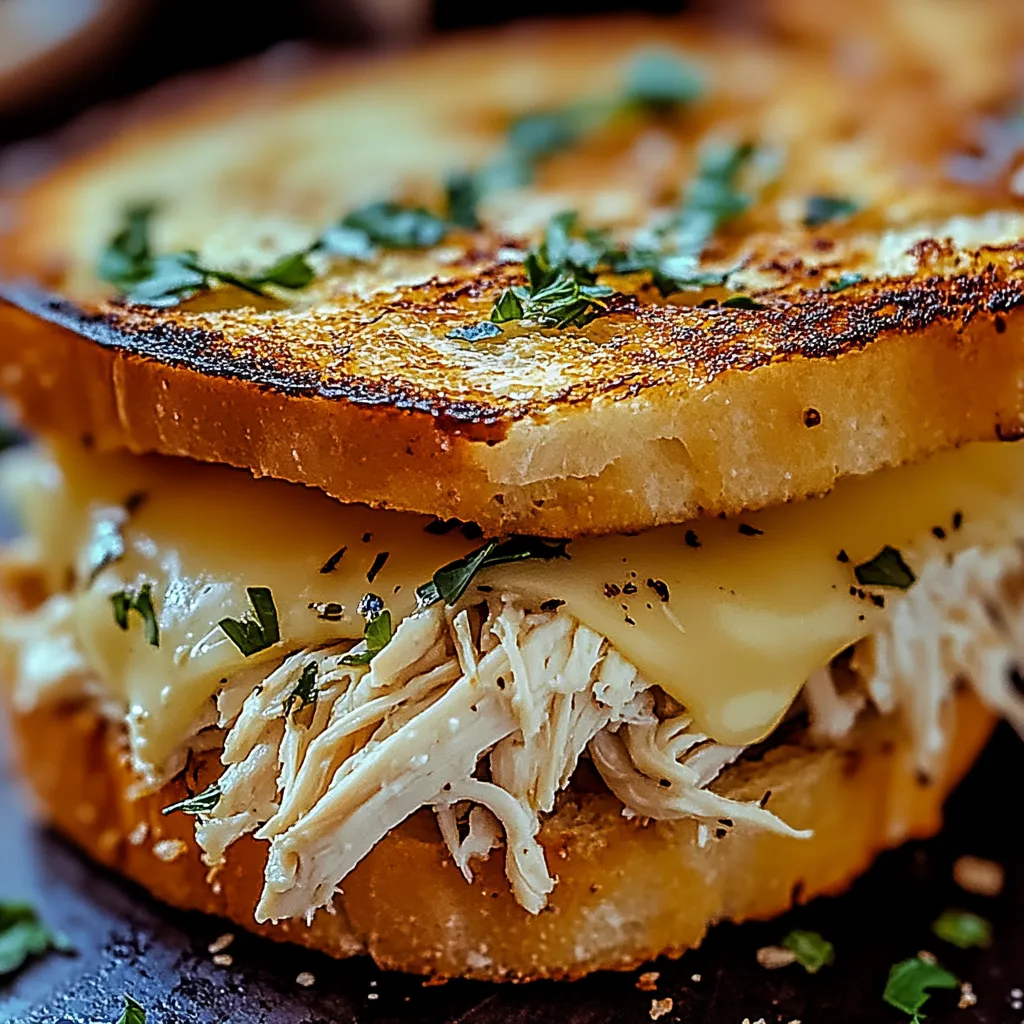 A cheesy chicken garlic bread sandwich.