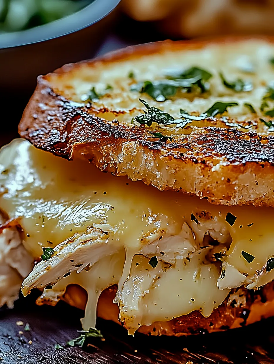 A cheesy chicken garlic bread sandwich.