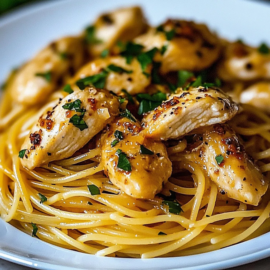 A plate of spaghetti with chicken and herbs.