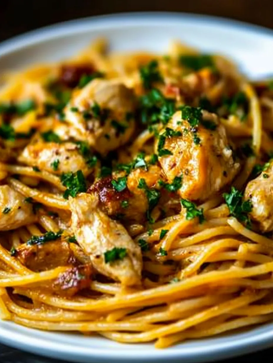 A plate of spaghetti with chicken and herbs.
