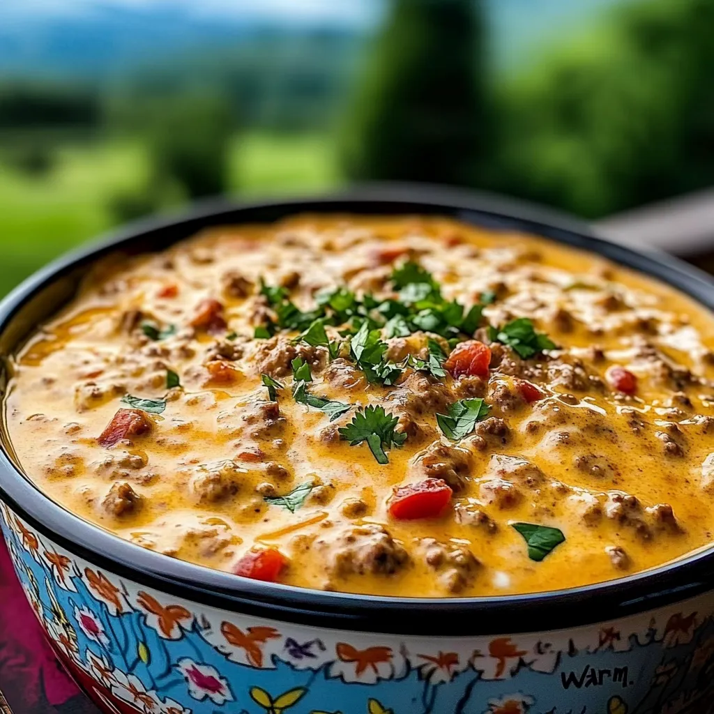 A bowl of cheesy rotel ranch queso.