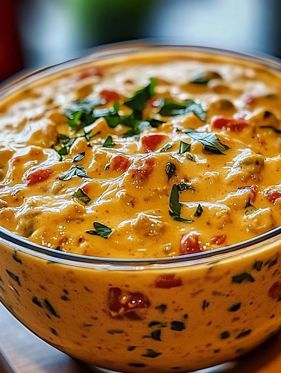 A bowl of cheesy rotel ranch queso.