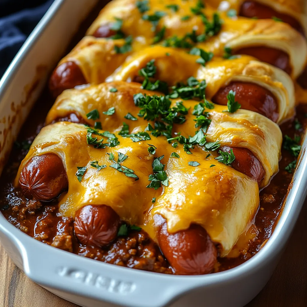 A baked chili cheese dog with a baked beans side dish.