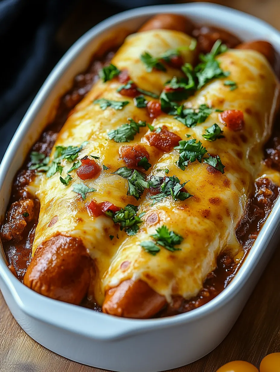 A chili cheese dog bake in a white bowl.