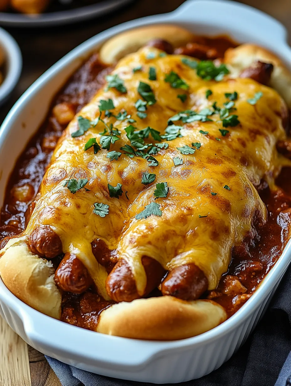 A chili cheese dog bake in a bowl.