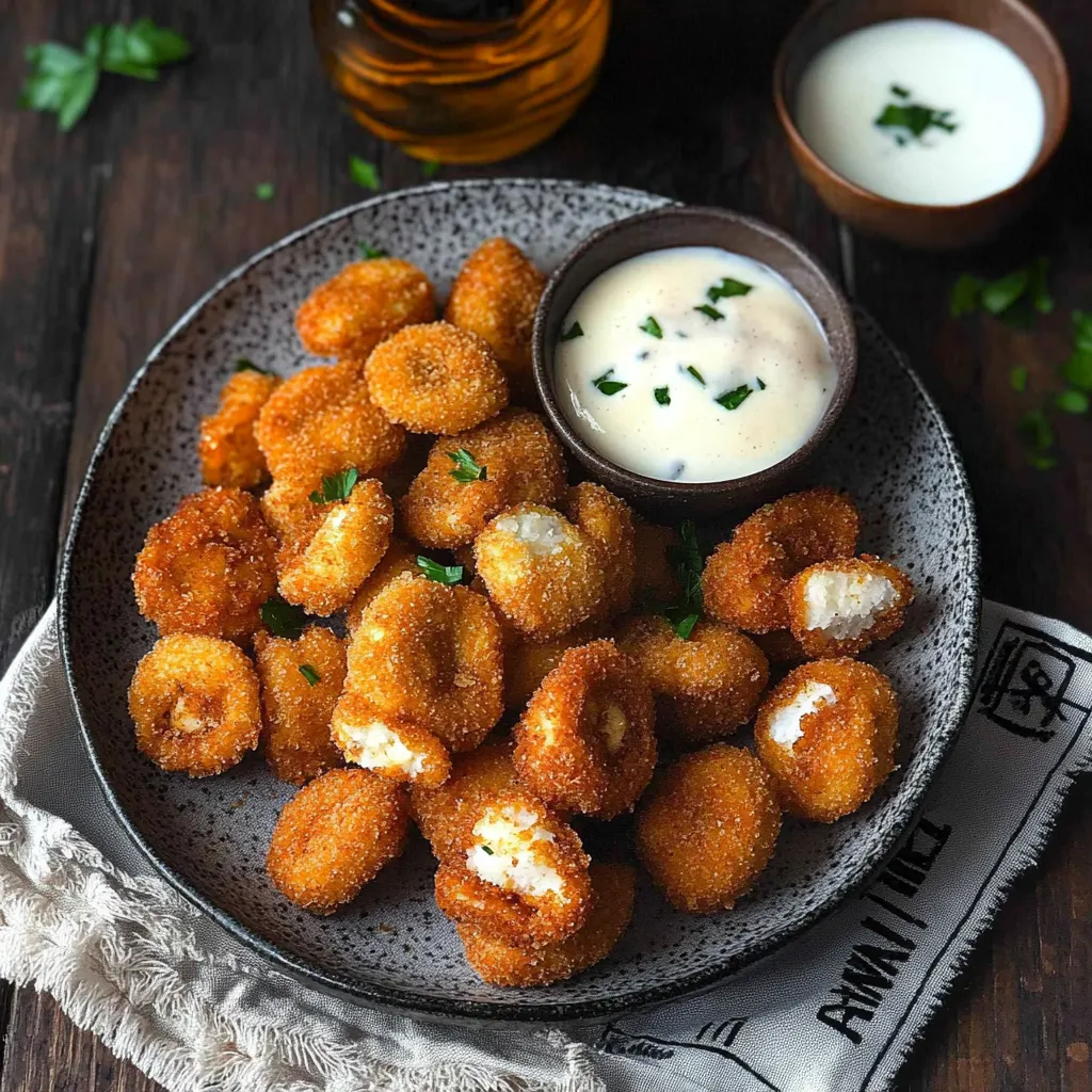 A plate of fried mushrooms with a bowl of dipping sauce.