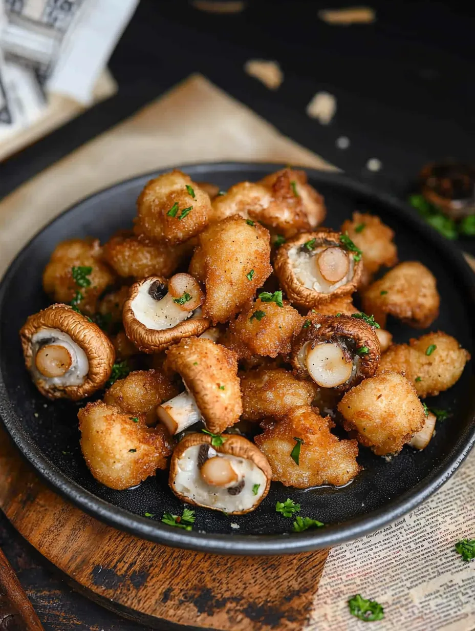A plate of fried mushrooms with a green garnish.