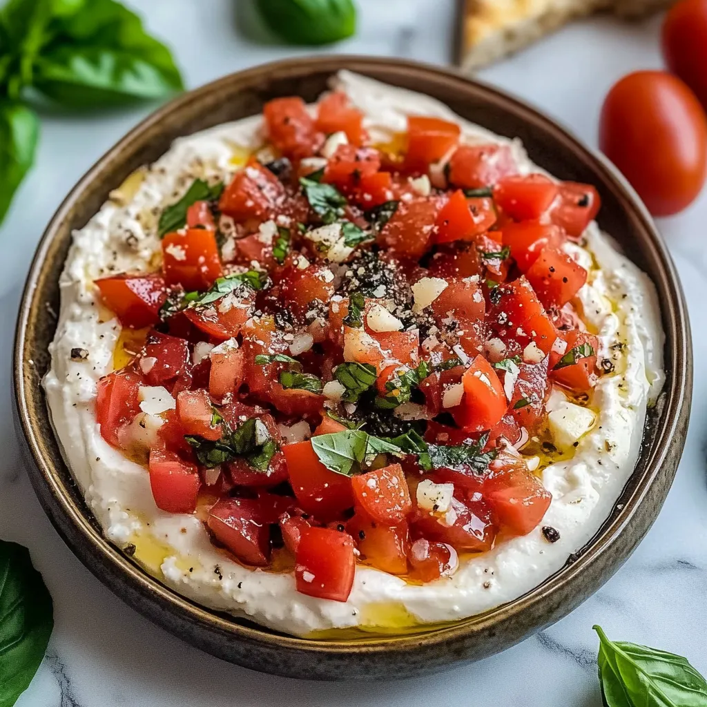 A bowl of bruschetta dip with tomatoes and basil.