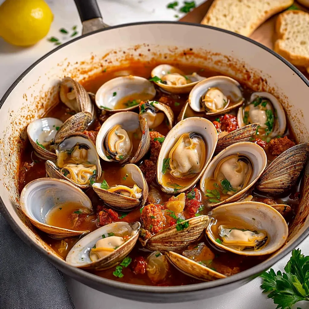 A pot of clams and chorizo.