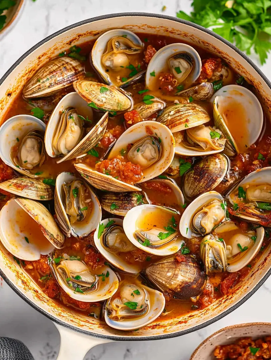 A bowl of clams and chorizo.