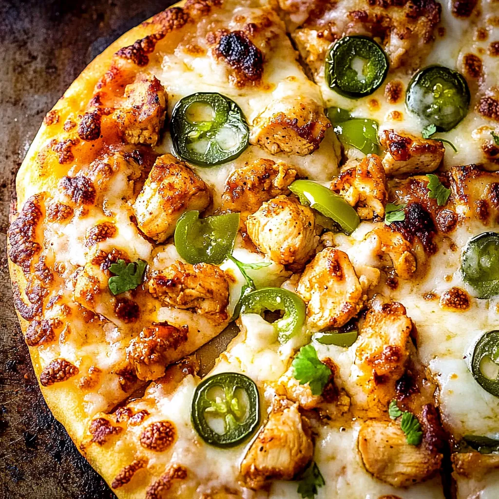 A slice of pizza with chicken and pickled jalapenos.