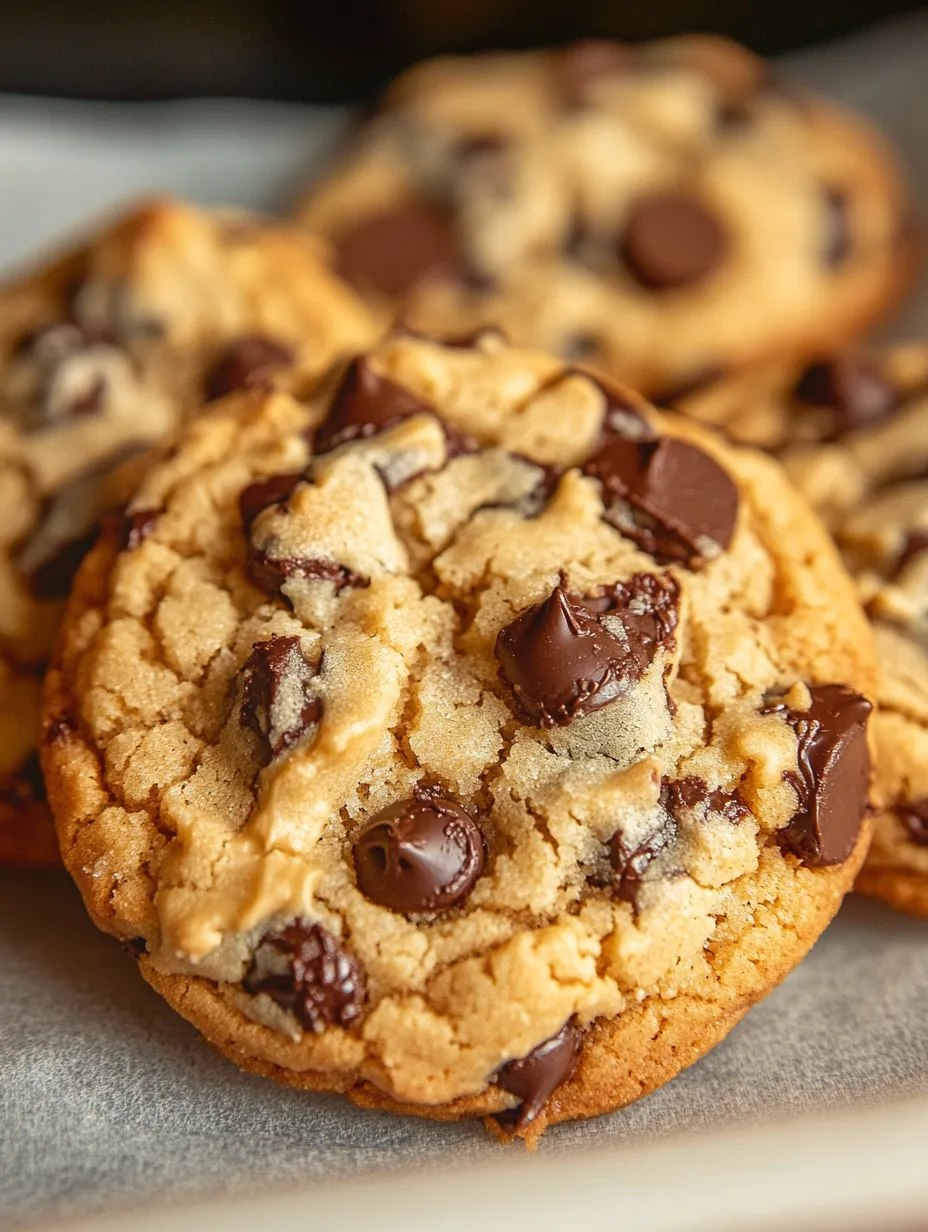 A close up of a chocolate chip cookie.