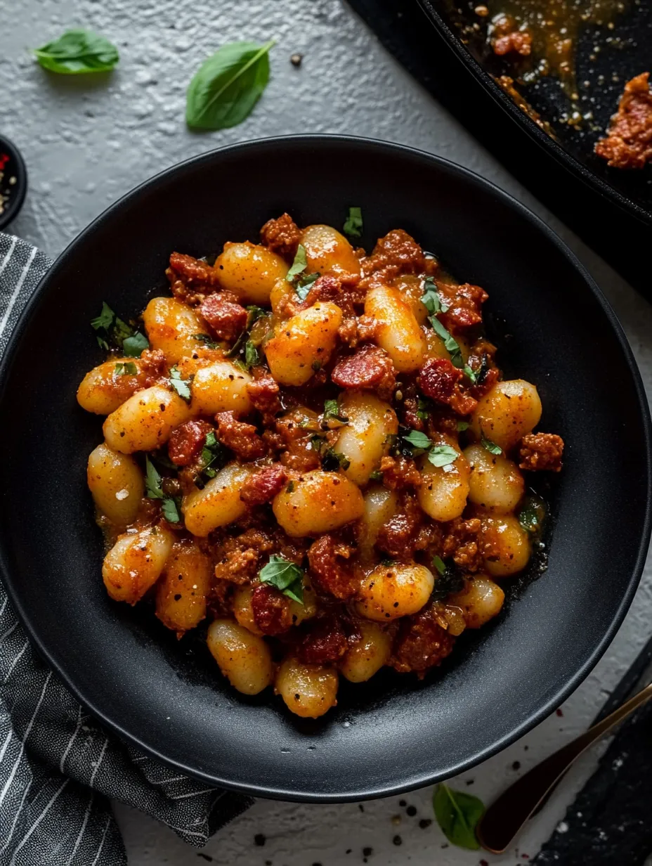 A bowl of gnocchi with chorizo and creamy harissa sauce.