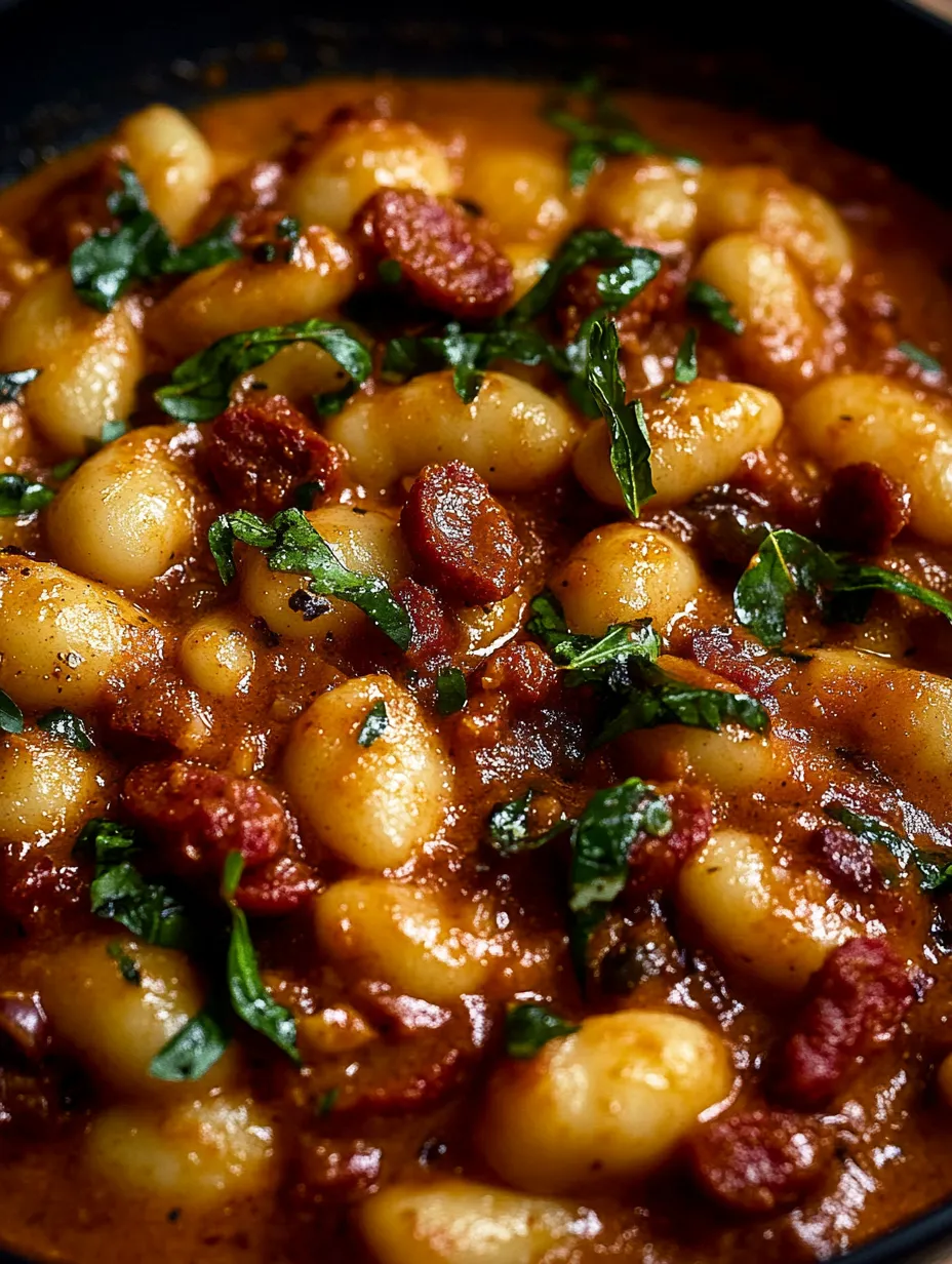 A close up of a dish with gnocchi, chorizo, and a creamy harissa sauce.