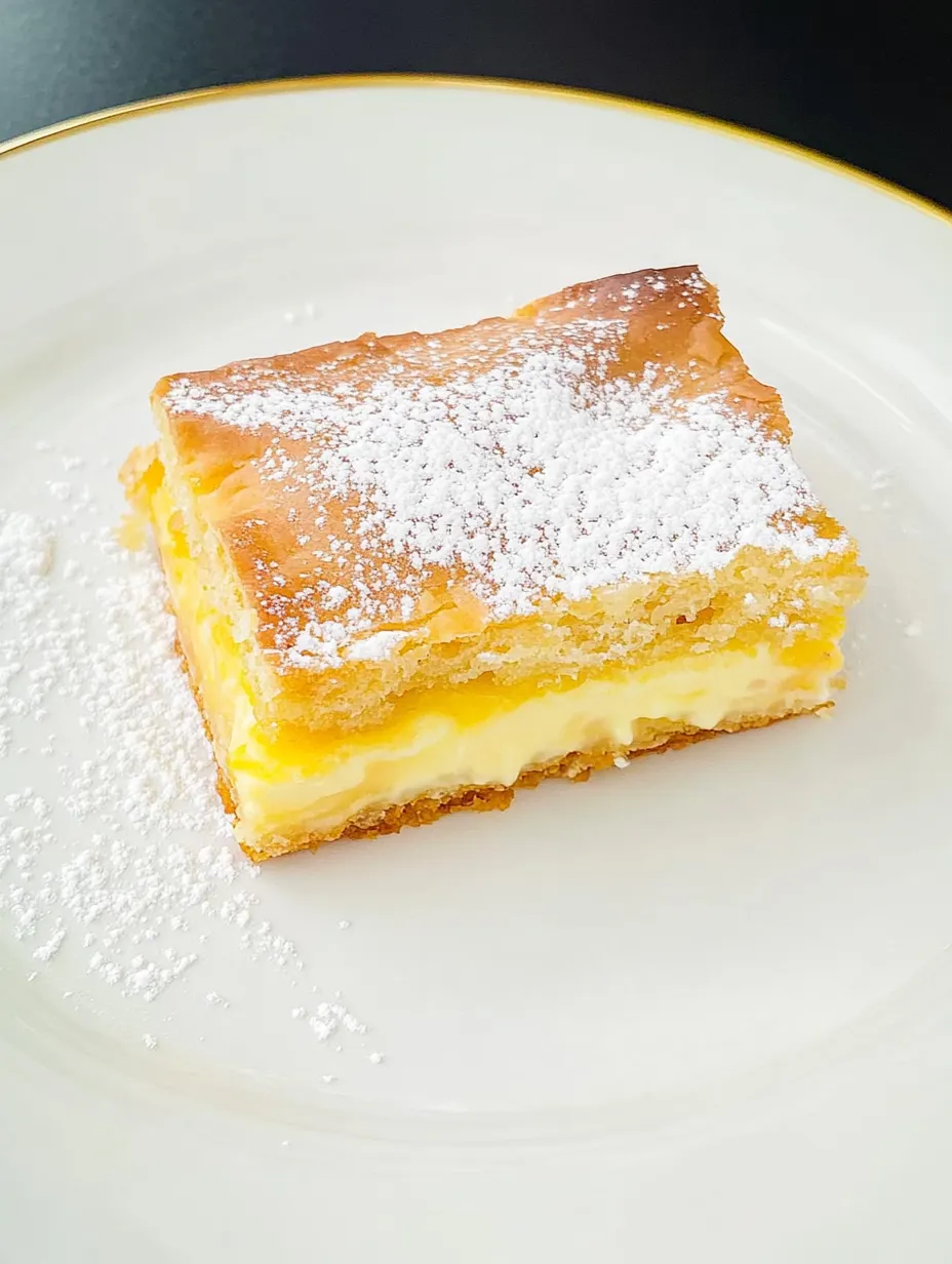 A white plate with a piece of vanilla custard cream squares.