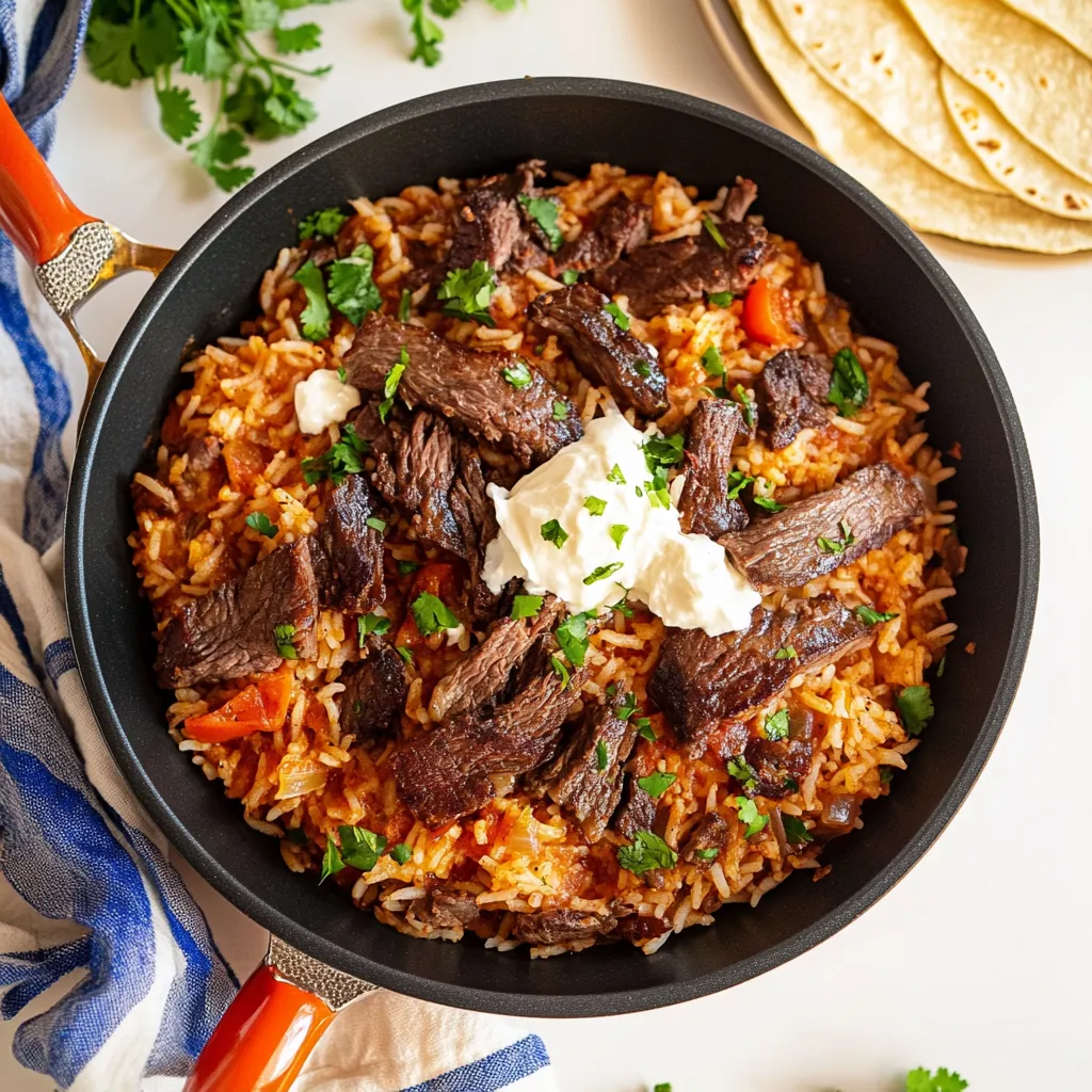 A bowl of steak and queso rice.