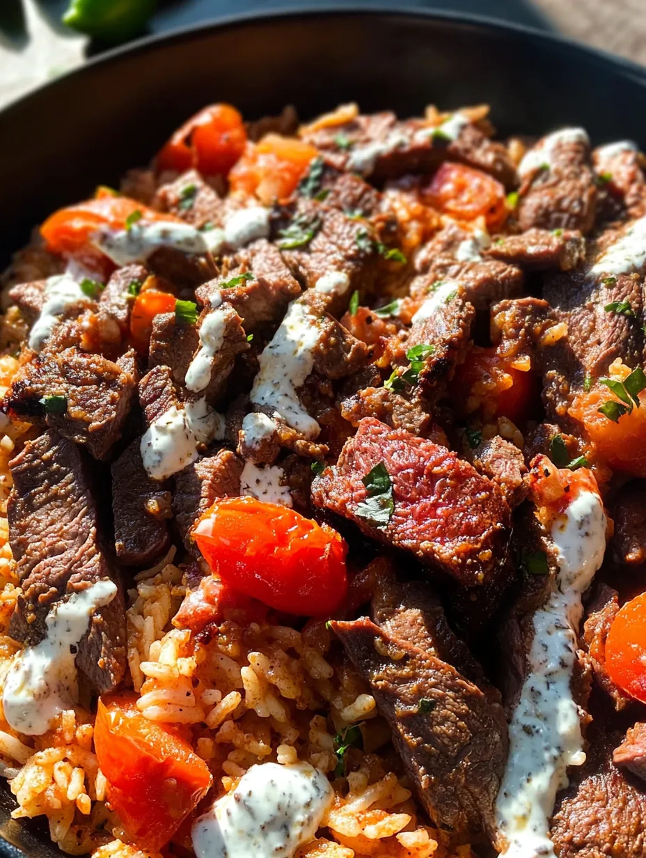 A plate of steak and queso rice.