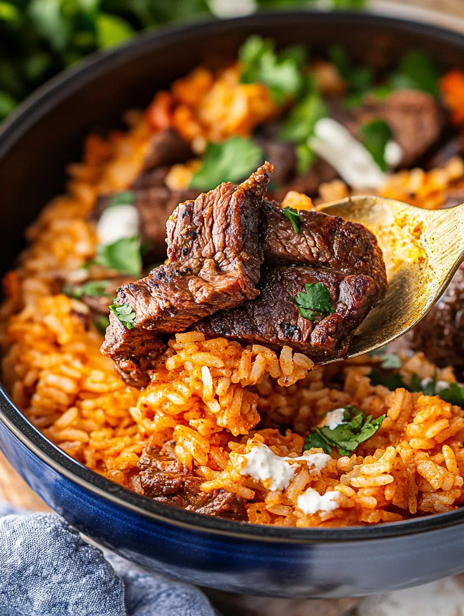 A bowl of steak and queso rice.