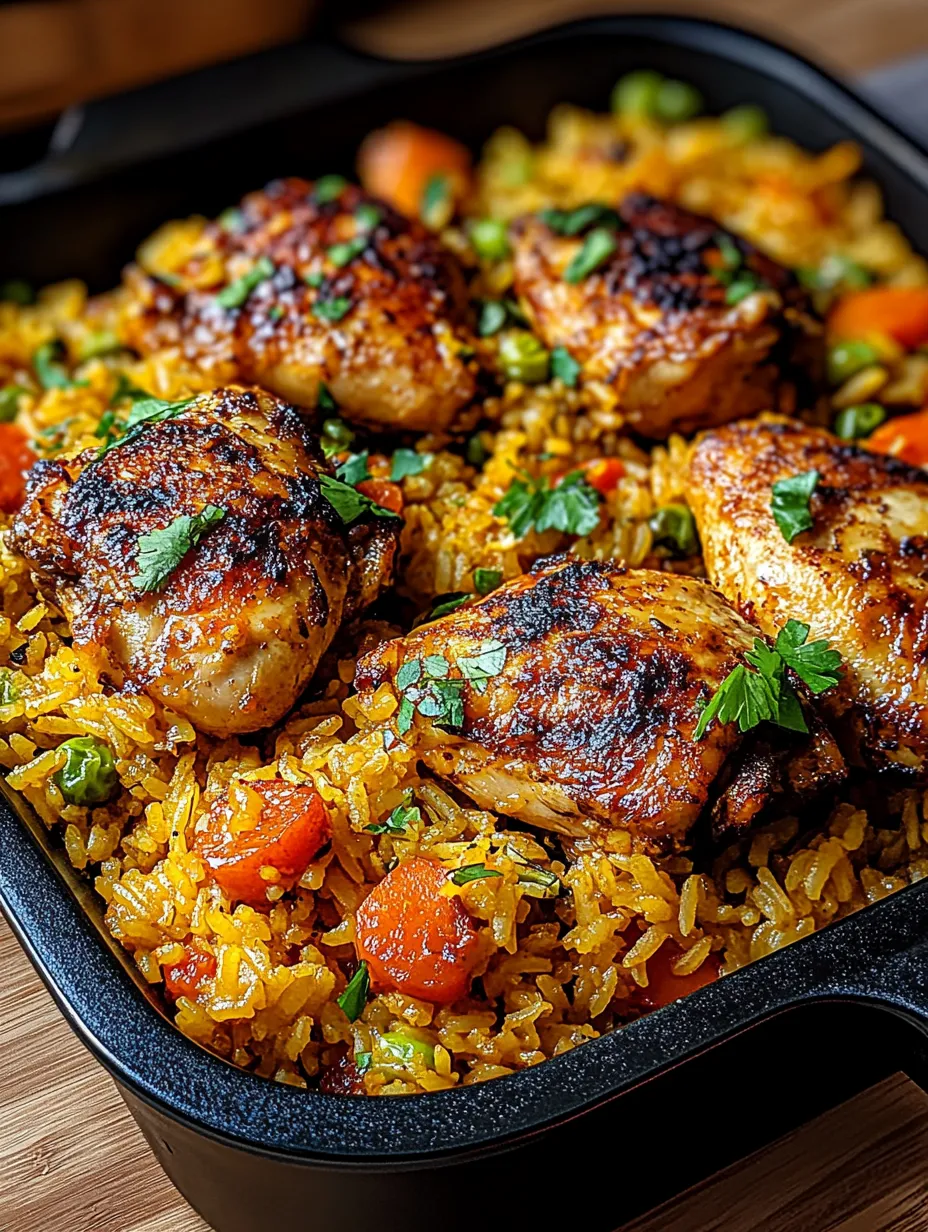 A pan of rice and chicken with peppers and onions.
