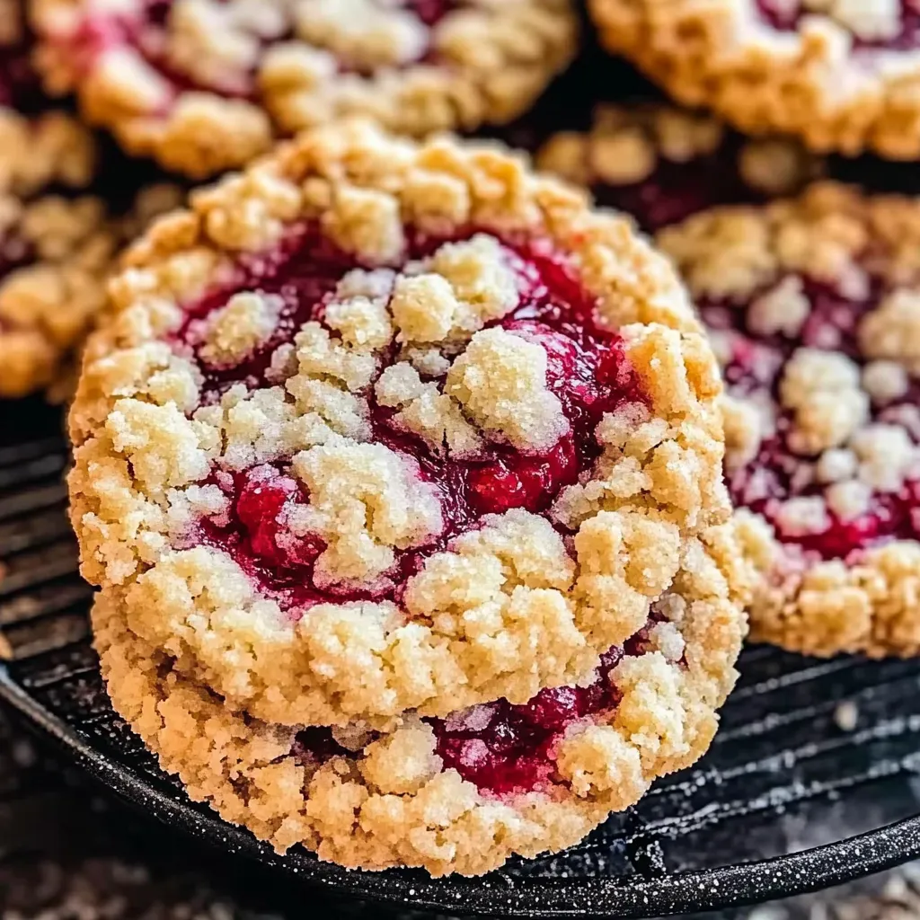 A close up of a buttery raspberry crumble cookie.