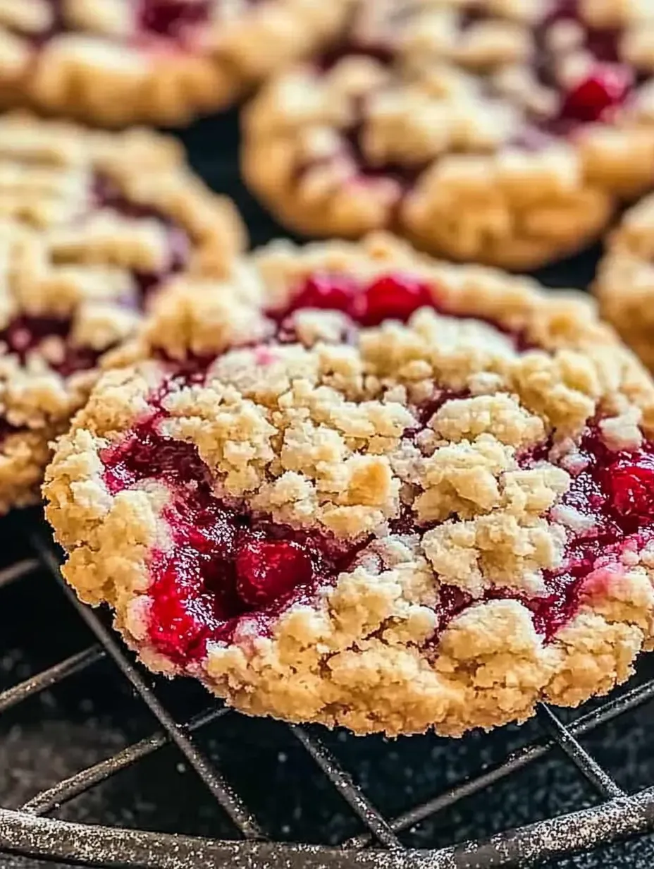 A close up of a buttery raspberry crumble.