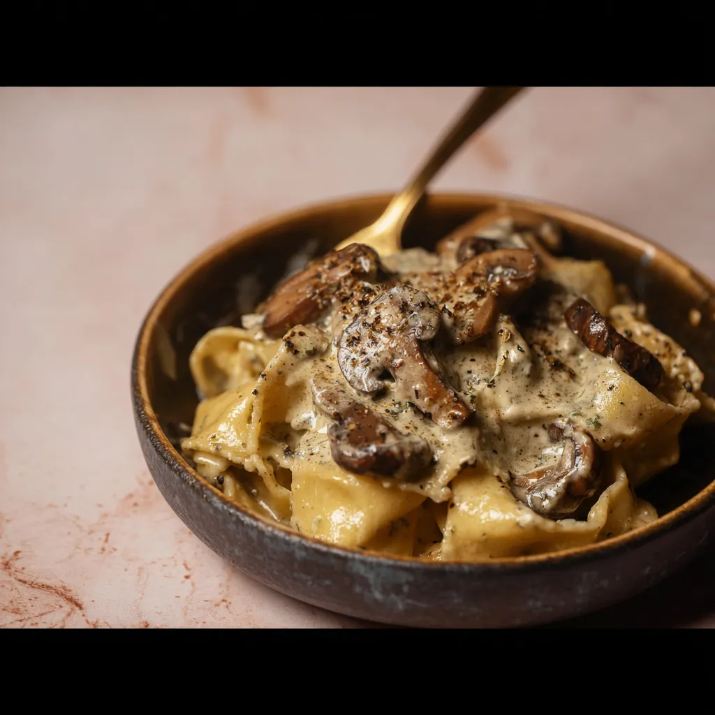 A bowl of pasta with mushrooms and gorgonzola sauce.