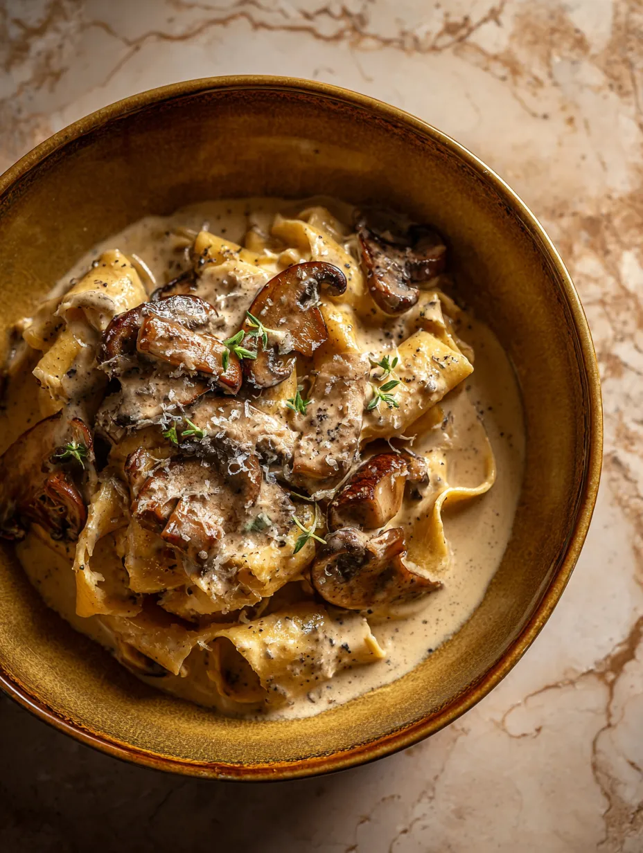 A bowl of pasta with mushrooms and gorgonzola sauce.