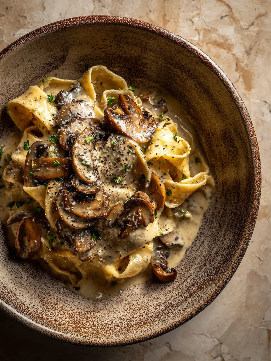 A bowl of pasta with mushrooms and a cream sauce.