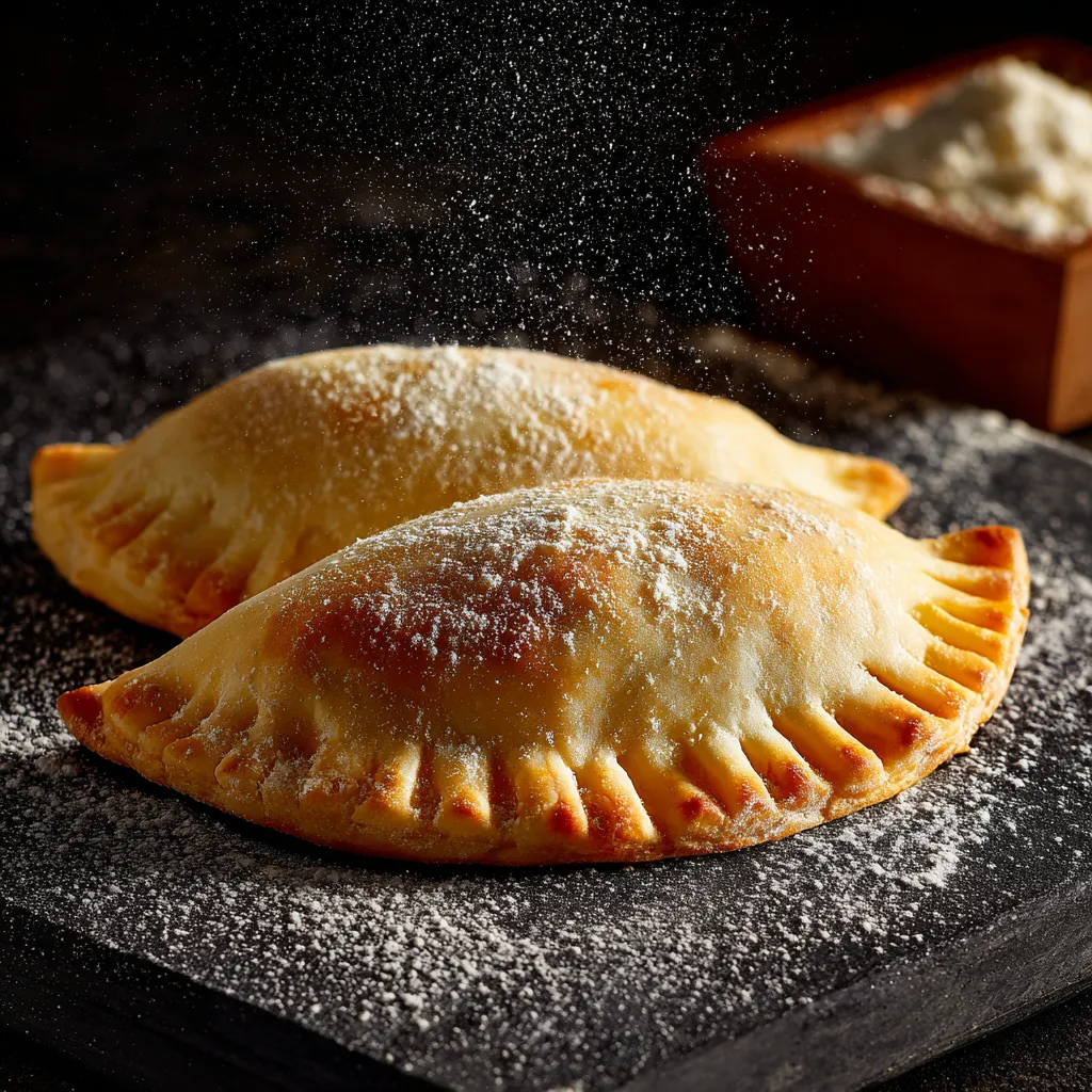 Two flaky empanada doughs on a table.