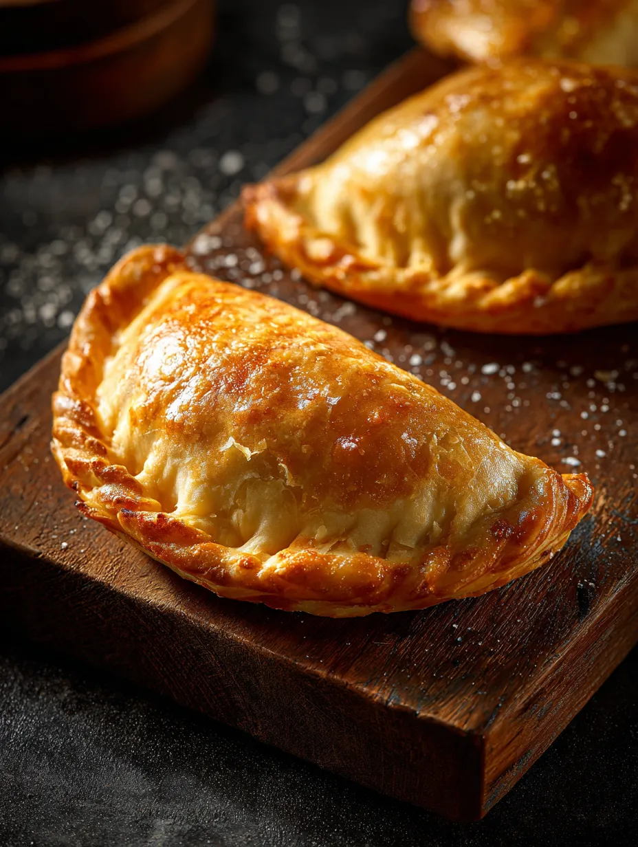 Two pieces of flaky empanada dough on a wooden board.