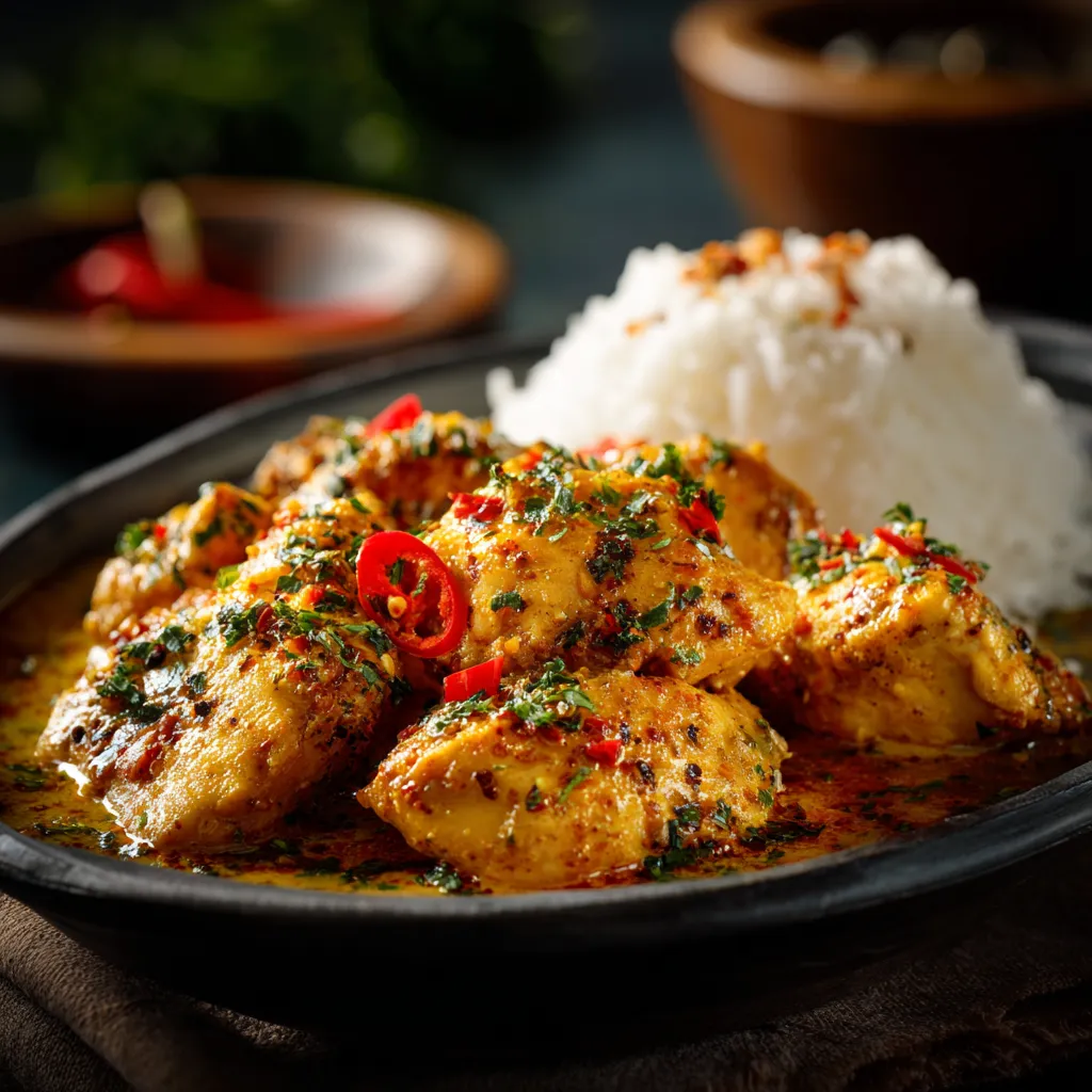 A plate of spicy brazilian coconut chicken.