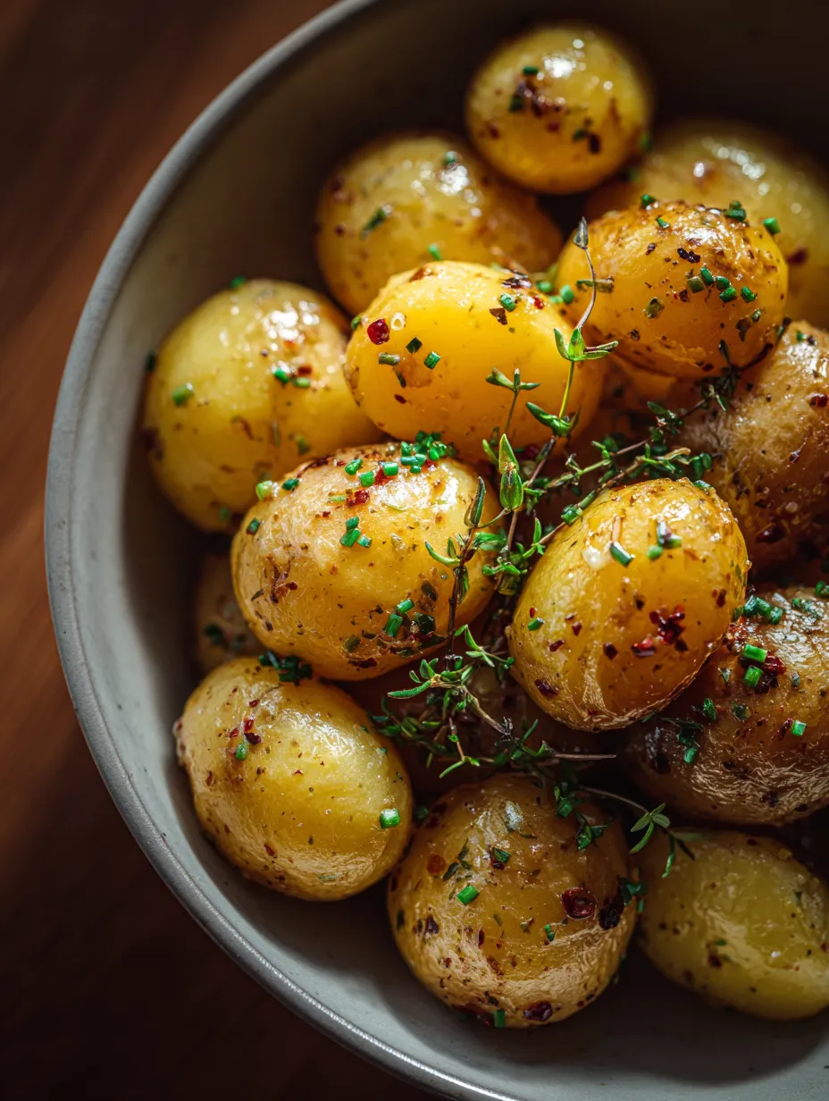 A bowl of potatoes with herbs and spices.
