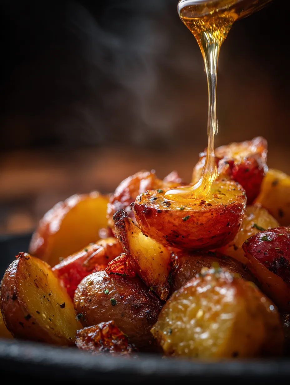 A close up of honey mustard potatoes.