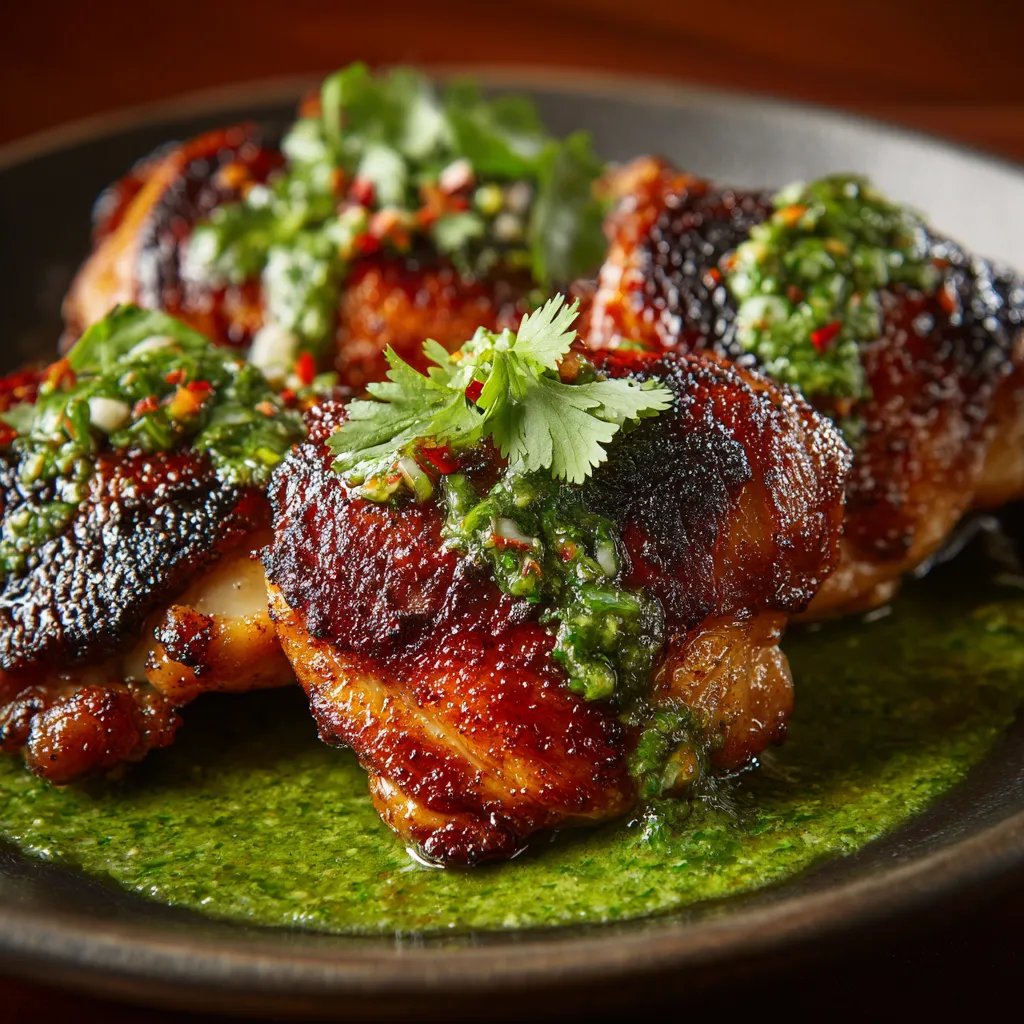A plate of chicken with green sauce on it.