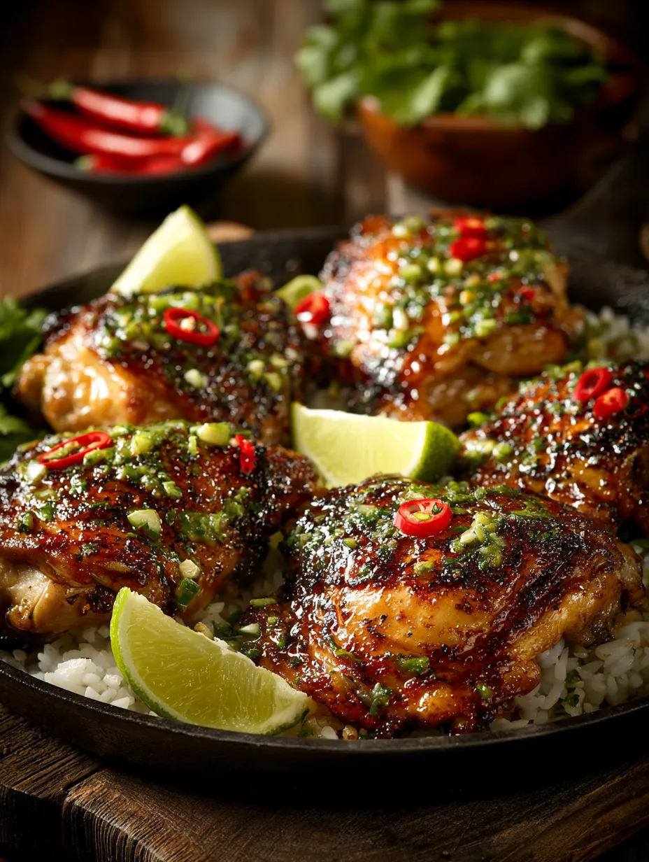 A dish of chicken with rice and lime.