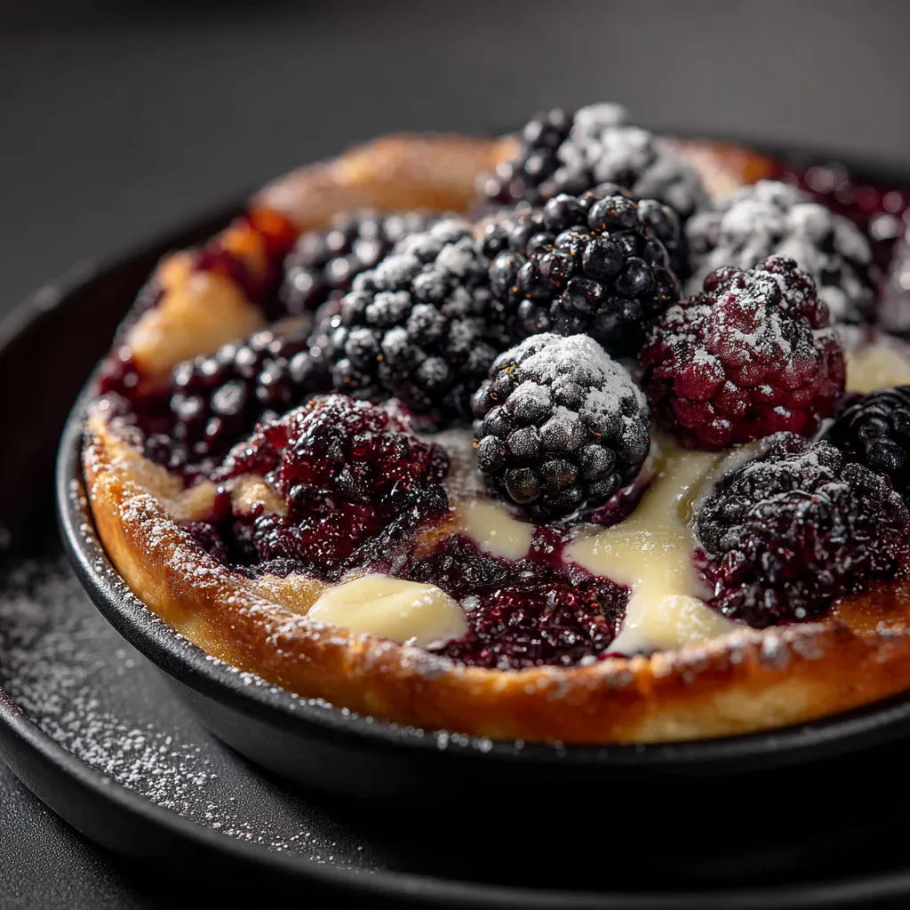 A blackberry clafoutis with powdered sugar on top.