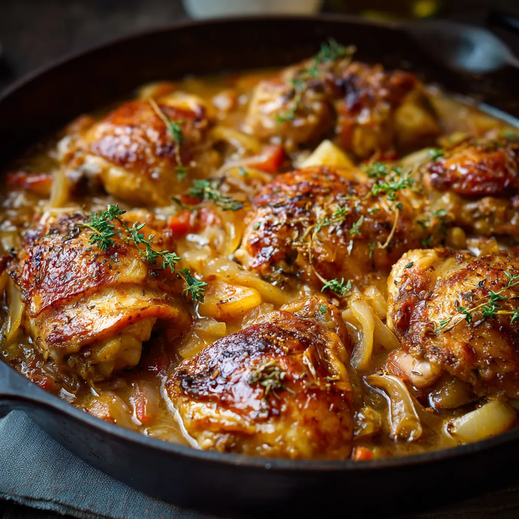 A close up of a French Chicken Casserole a la Normande.
