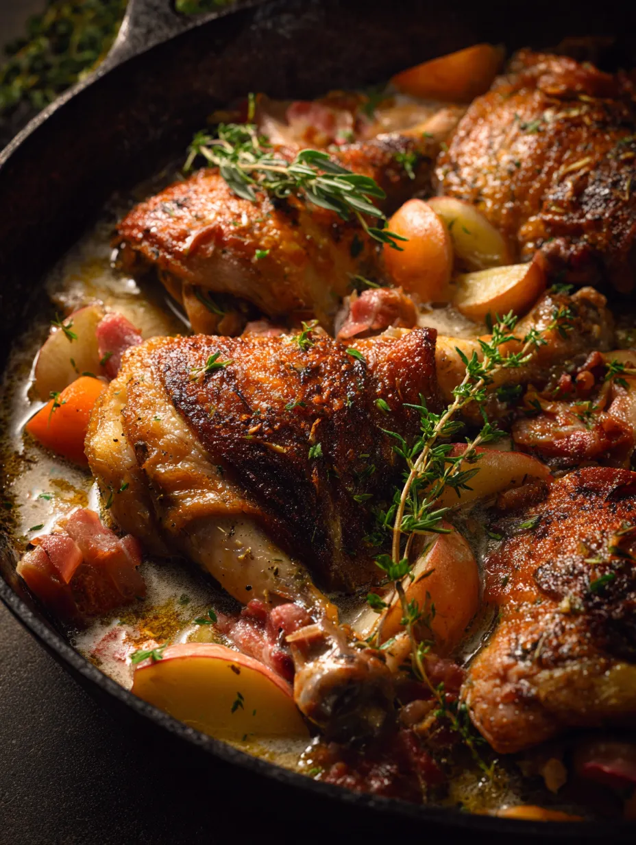 A pan of French chicken casserole a la Normande.