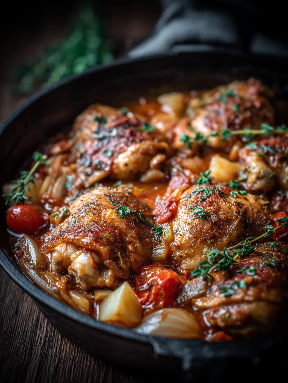 A dish of French chicken casserole a la Normande.