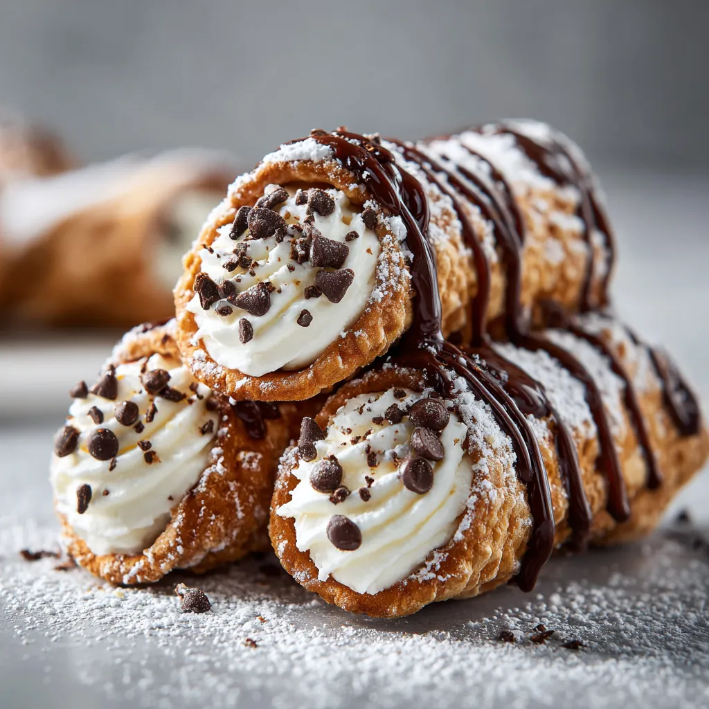 A stack of cannoli cookies with chocolate drizzle and white cream filling.