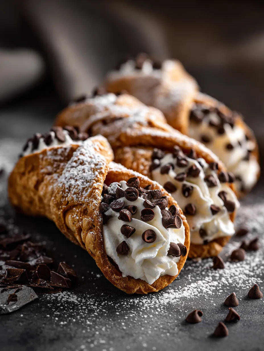 A close up of a cannoli cookie with chocolate chips and ricotta cream filling.